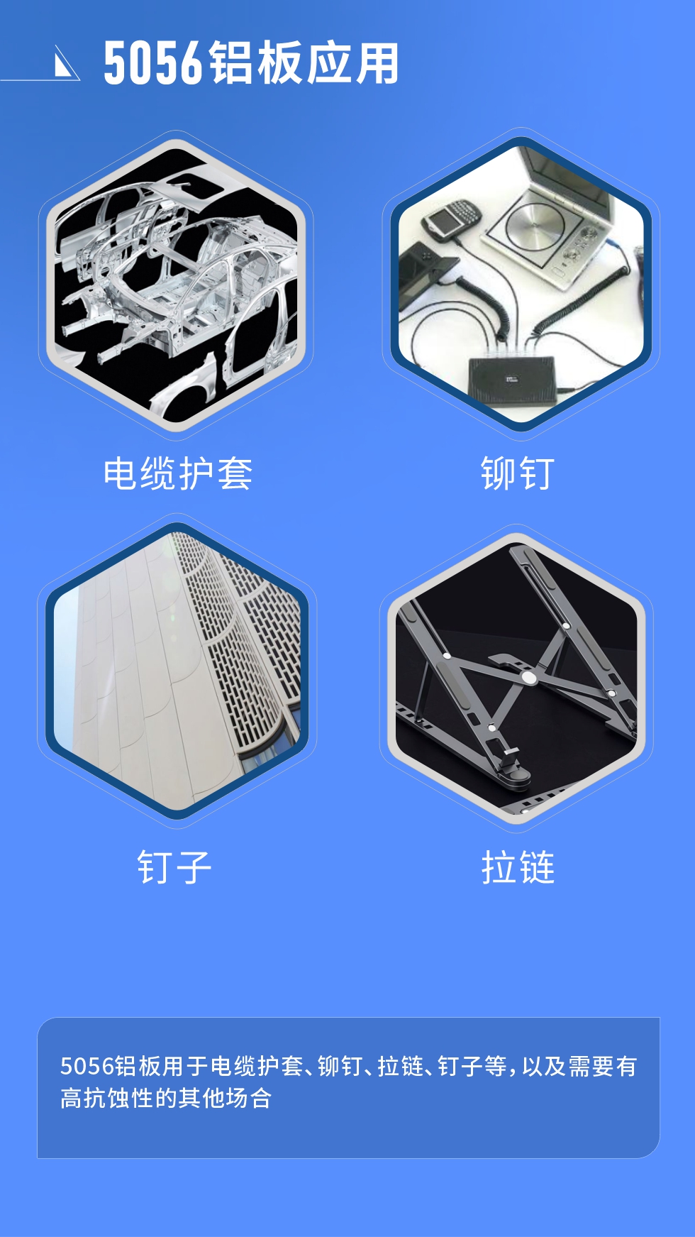 市場應(yīng)用
　　5056鋁板用于電纜護套、鉚釘、拉鏈、釘子等，以及需要有高抗蝕性的其他場合。
　　5056鋁板生產(chǎn)廠家
　　明泰鋁業(yè)支持定做，為用戶合理推薦更合理產(chǎn)品規(guī)格，并提供優(yōu)惠報價，讓您選購無憂。
　　明泰鋁業(yè)是一家集科研、加工、制造為一體的大型現(xiàn)代化鋁加工企業(yè)。公司可生產(chǎn)1-8系鋁板帶箔產(chǎn)品，規(guī)格齊全。