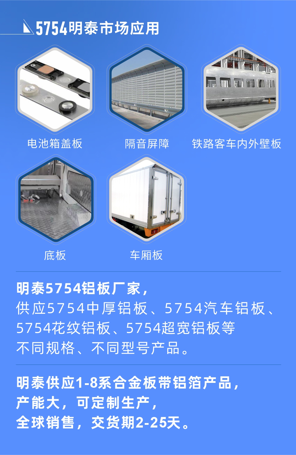 明泰5754鋁板優(yōu)勢

　　1、可焊接性能強(qiáng)，焊接裂縫的傾向低，焊縫和基體金屬的強(qiáng)度高。

　　2、表面的氧化物較少，軋制板材的表面質(zhì)量好，光滑無裂紋，無腐蝕斑點(diǎn)和硝鹽痕跡。

　　3、5754鋁板屬于中高強(qiáng)度的鋁合金，疲勞性能和耐腐蝕性能好。

　　4、可根據(jù)客戶需求定制不同厚度、不同版型的5754鋁板產(chǎn)品。

　　5754鋁板生產(chǎn)以及包裝要求
　　1、表面不允許有裂紋、腐蝕斑點(diǎn)和硝鹽痕跡。

　　2、表面上允許有深度不超過缺陷所在部位壁厚公稱尺寸8%的起皮、氣泡、表面粗超和局部機(jī)械損傷，但缺陷深度不能超過0.5mm,缺陷總面積不超過板材總面積的5%。

　　3、允許供貨方沿型材縱向打光至表面光滑。

　　4、其他要求：有需求方和供貨方自己擬定。

