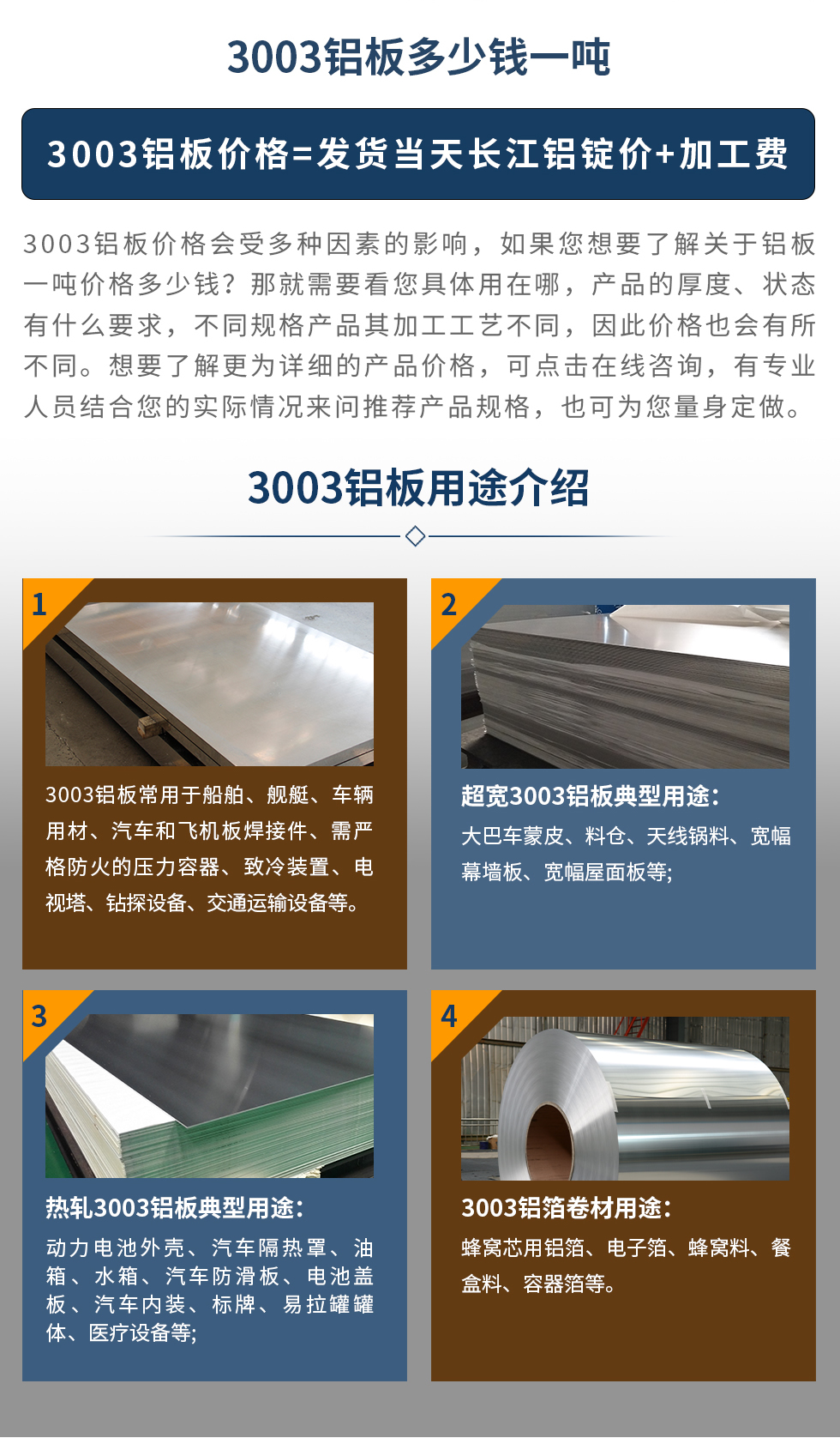 3003鋁板用途介紹
　　3003鋁板常用于船舶、艦艇、車輛用材、汽車和飛機板焊接件、需嚴格防火的壓力容器、致冷裝置、電視塔、鉆探設(shè)備、交通運輸設(shè)備等。超寬3003鋁板典型用途：大巴車蒙皮、料倉、天線鍋料、寬幅幕墻板、寬幅屋面板等;熱軋3003鋁板典型用途：動力電池外殼、汽車隔熱罩、油箱、水箱、汽車防滑板、電池蓋板、汽車內(nèi)裝、標牌、易拉罐罐體、醫(yī)療設(shè)備等;3003鋁箔卷材用途： 蜂窩芯用鋁箔、電子箔、蜂窩料、餐盒料、容器箔等。