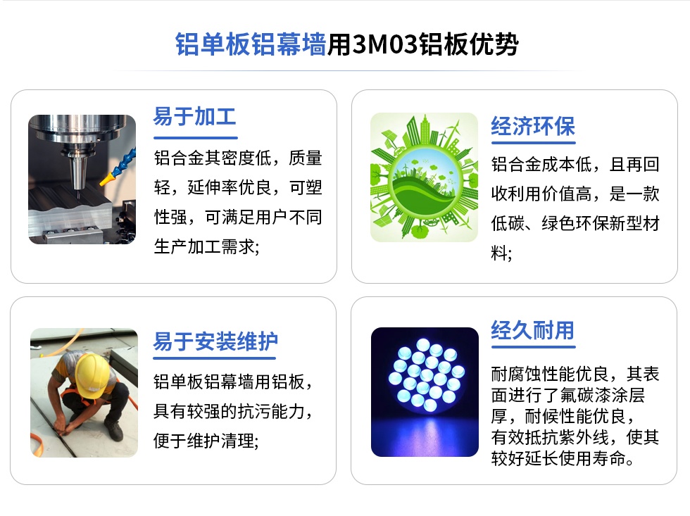 鋁單板鋁幕墻用3M03鋁板優(yōu)勢(shì)
易于加工
鋁合金其密度低，質(zhì)量輕，延伸率優(yōu)良，可塑性強(qiáng)，可滿足用戶不同生產(chǎn)加工需求;
易于安裝維護(hù)
鋁單板鋁幕墻用鋁板具有較強(qiáng)的抗污能力，便于維護(hù)清理;
經(jīng)濟(jì)環(huán)保
鋁合金成本低，且再回收利用價(jià)值高，是一款低碳、綠色環(huán)保新型材料，
經(jīng)久耐用
耐腐蝕性能優(yōu)良，其表面進(jìn)行了氟碳漆涂層厚，耐候性能優(yōu)良，有效抵抗紫外線，使其較好延長(zhǎng)使用壽命。